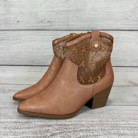 Cato Shoes - Cato Women's Rose Gold Metallic Embroidered Heeled Boots Size 9.5 WIDE
